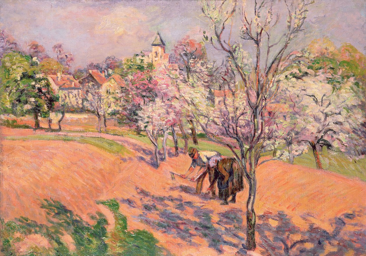 Två bönder som sår bönor i en fruktträdgård av Jean Baptiste Armand Guillaumin