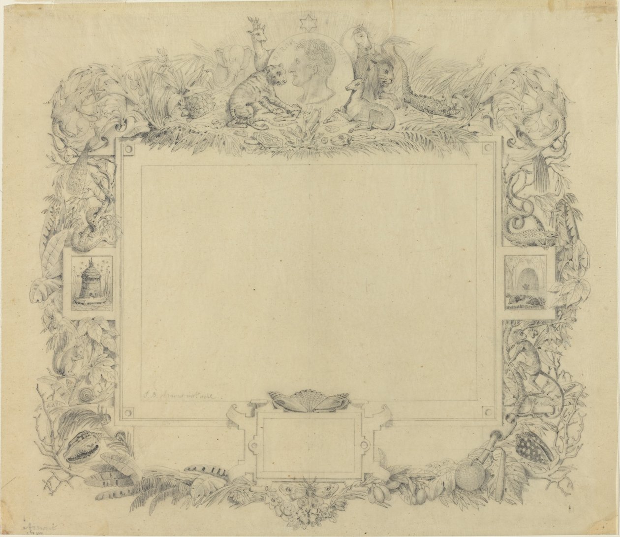 Design för en gräns med ett porträtt av baron Cuvier av Jean Baptiste Arnout