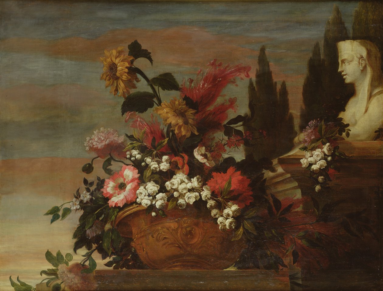 Blommor i en bassäng och en sfinx av Jean Baptiste Belin de Fontenay