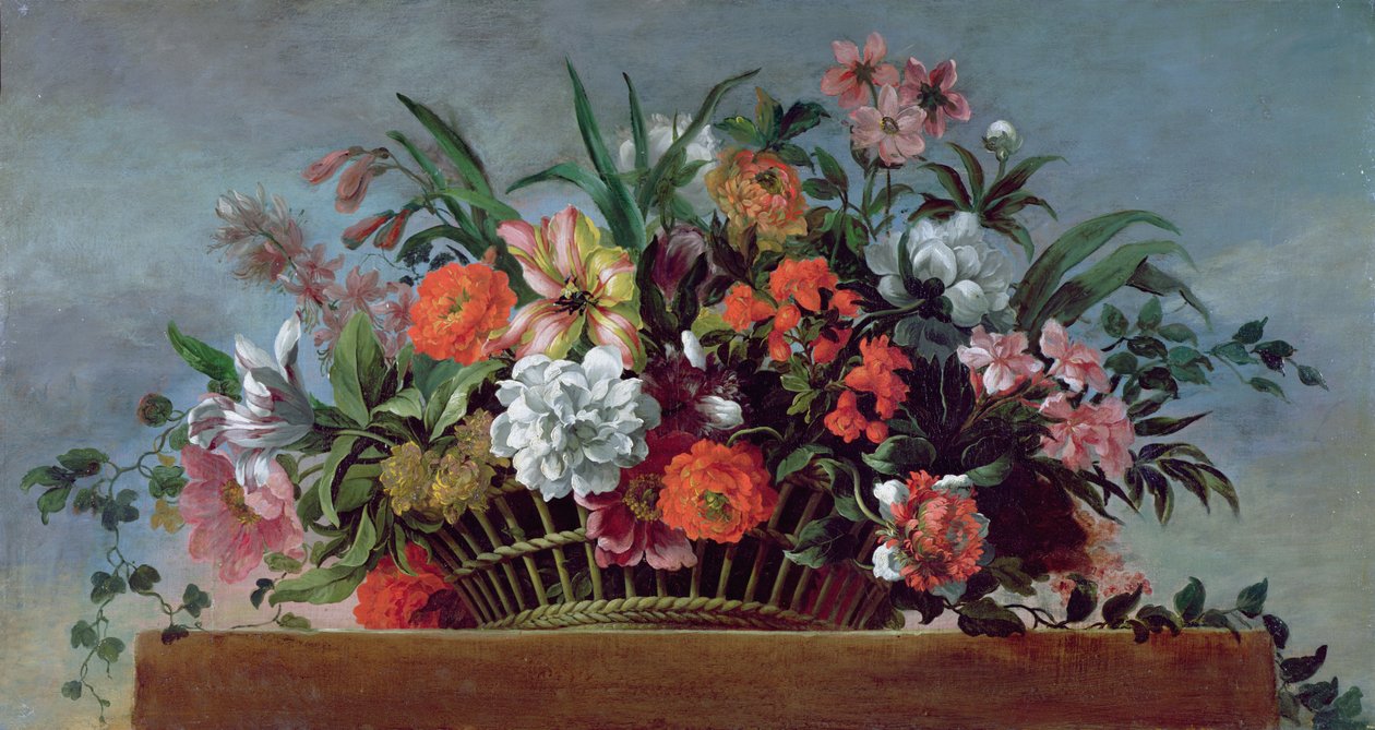 Vävd korg fylld med blommor (olja) av Jean Baptiste Belin de Fontenay