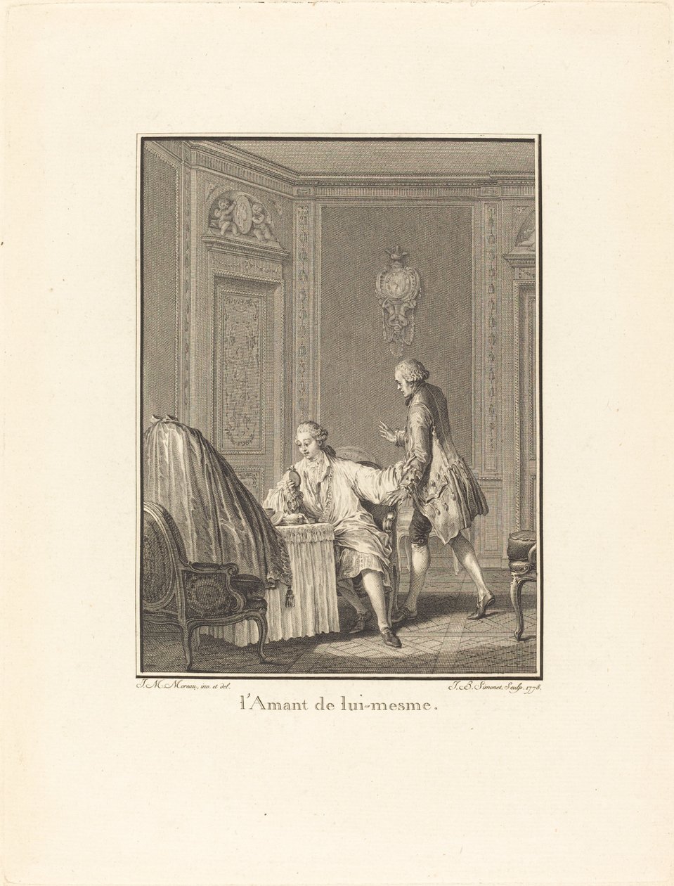 Älskaren av sig själv av Jean Baptiste Blaise Simonet after Jean Michel Moreau