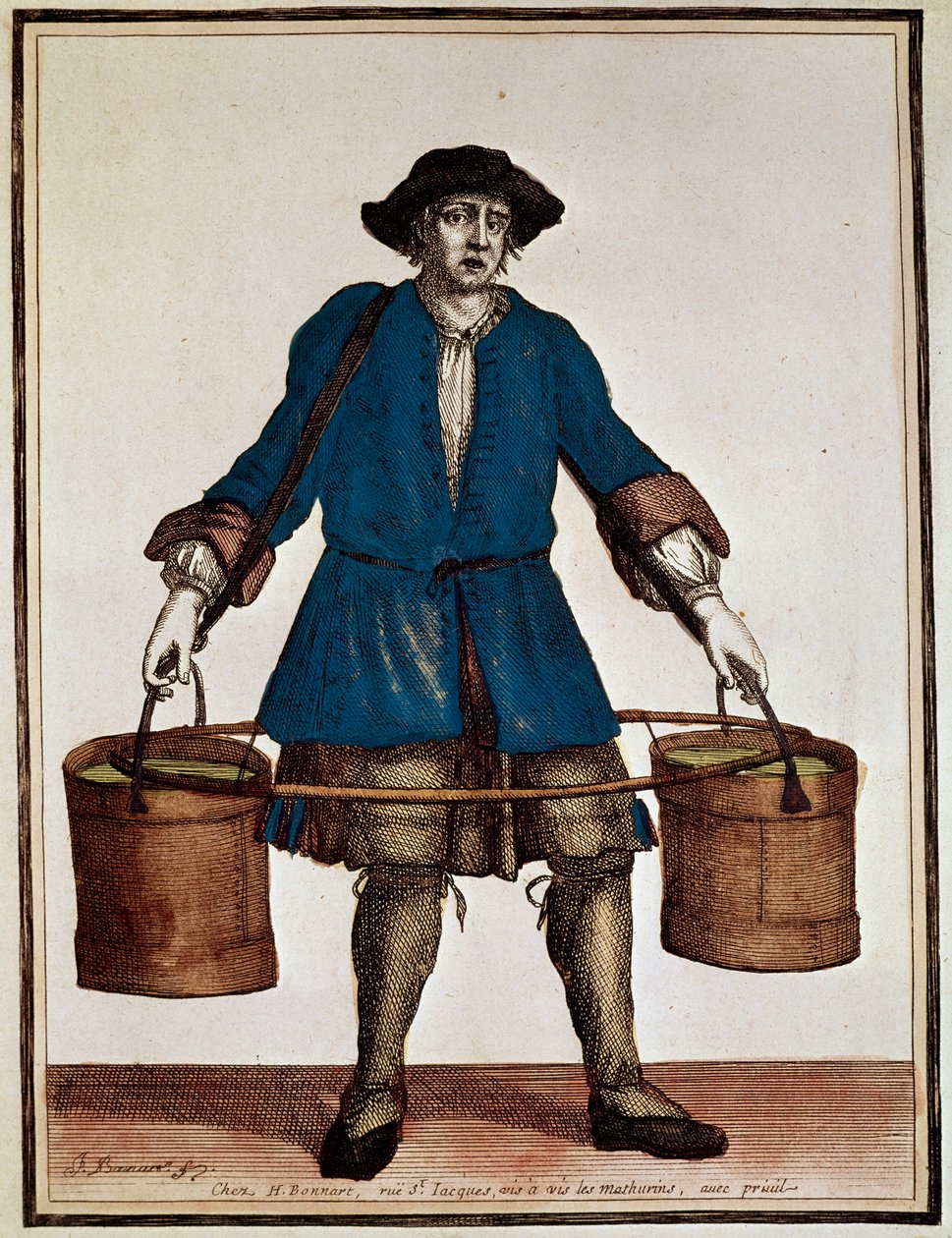 Vattenbärare, färgad gravyr av Henri Bonnart (1642-1711) och Jean Baptiste Bonnart (1654-1726), från Recueil des modes de la cour de France av Jean Baptiste Bonnart