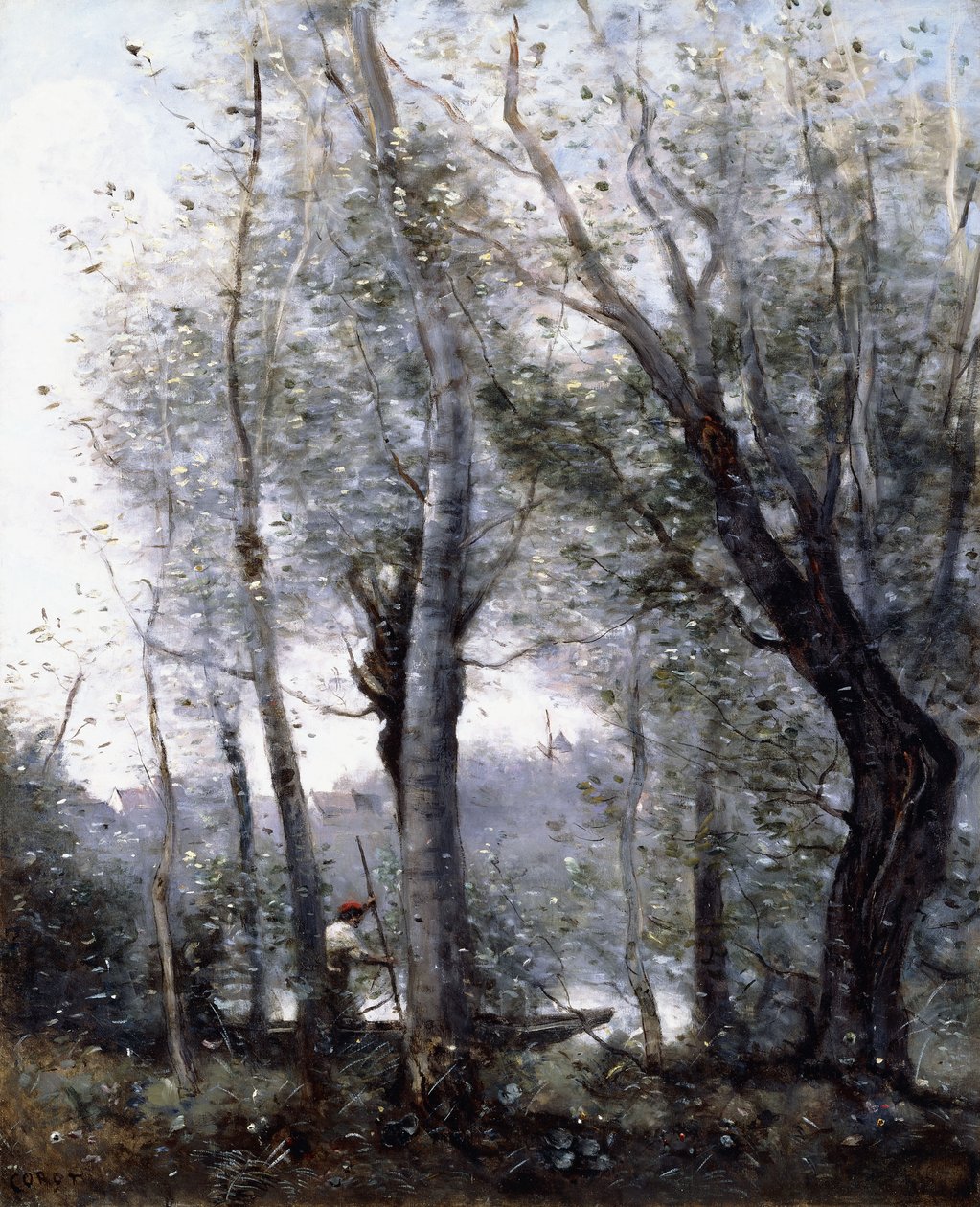 En pråm som passerar bakom träd på stranden, 1865-70 av Jean Baptiste Camille Corot