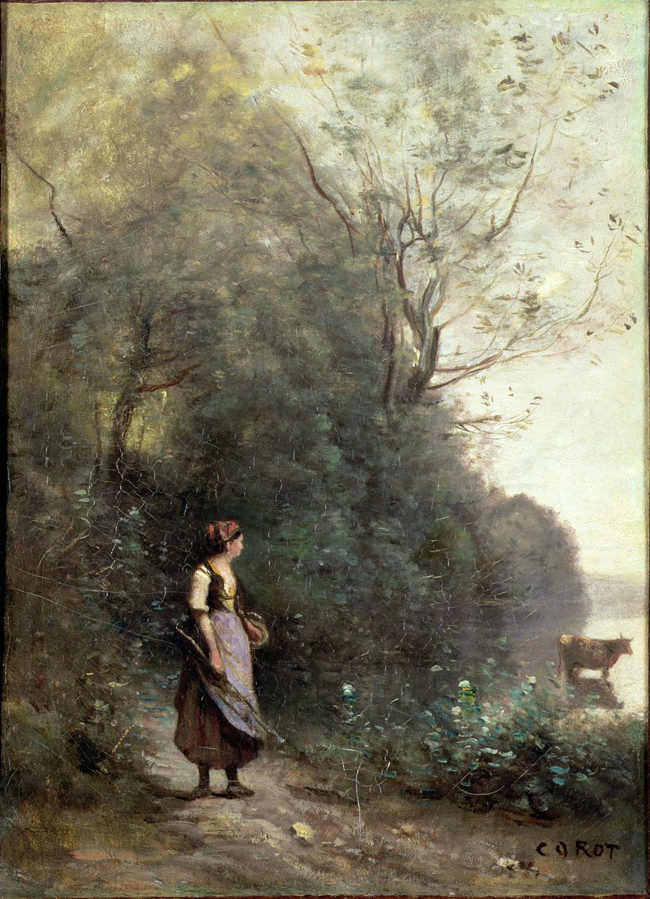 En bondkvinna som betar en ko i kanten av en skog, ca 1865-70 av Jean Baptiste Camille Corot