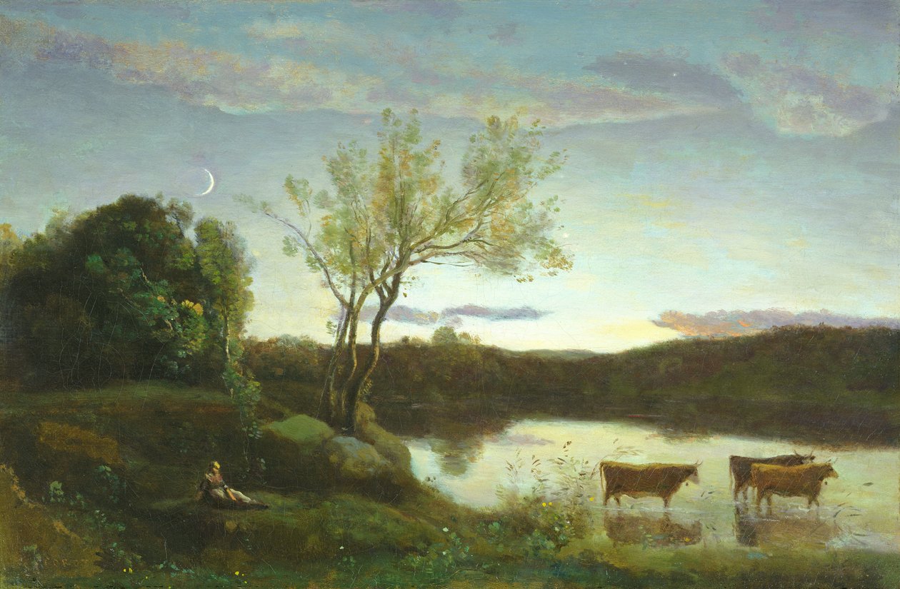 En damm med tre kor och en halvmåne, c.1850 av Jean Baptiste Camille Corot