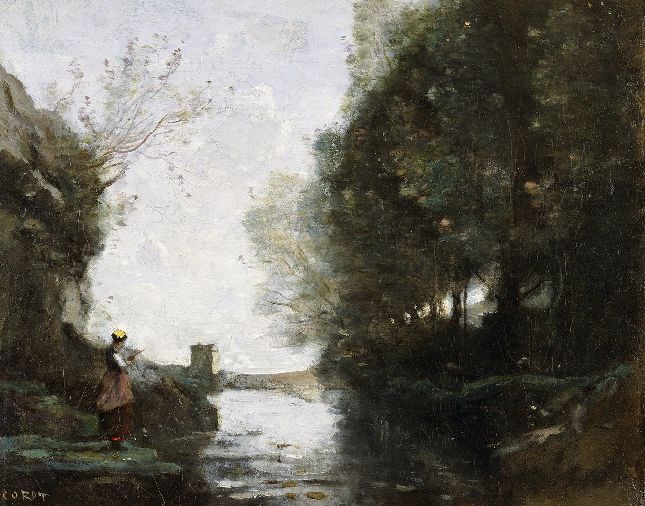 En flod med ett fyrkantigt torn och en bonde i förgrunden, c.1865-70 av Jean Baptiste Camille Corot