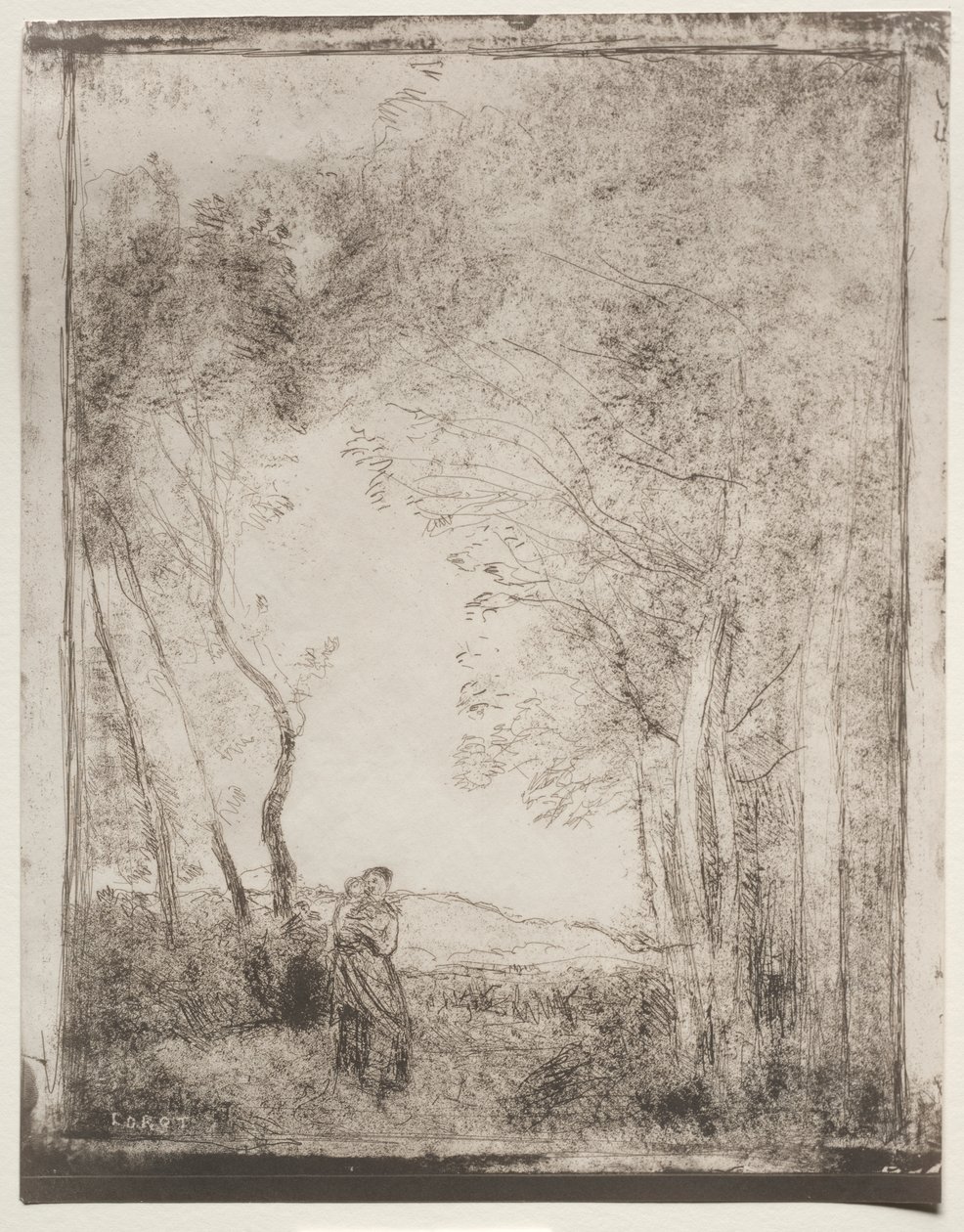 En ung mamma vid ingången till en skog av Jean Baptiste Camille Corot