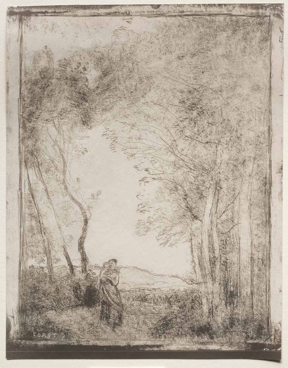 A Young Mother at the Entrance of a Wood, originalavtryck 1856, tryckt 1921. av Jean Baptiste Camille Corot