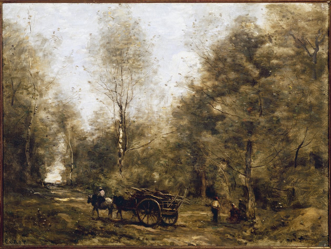 En stig i skogen i Wagnonville (olja på duk av Jean Baptiste Camille Corot