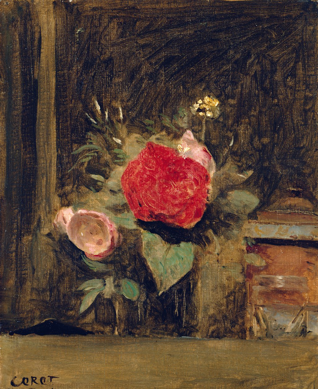 Bukett av blommor i ett glas bredvid en tobakskruka, c.1873-74 av Jean Baptiste Camille Corot