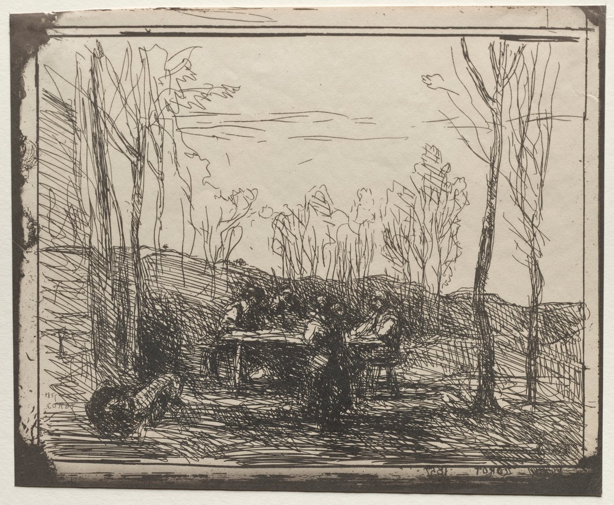 Breakfast in a Glade, originalavtryck 1857, tryckt 1921. av Jean Baptiste Camille Corot