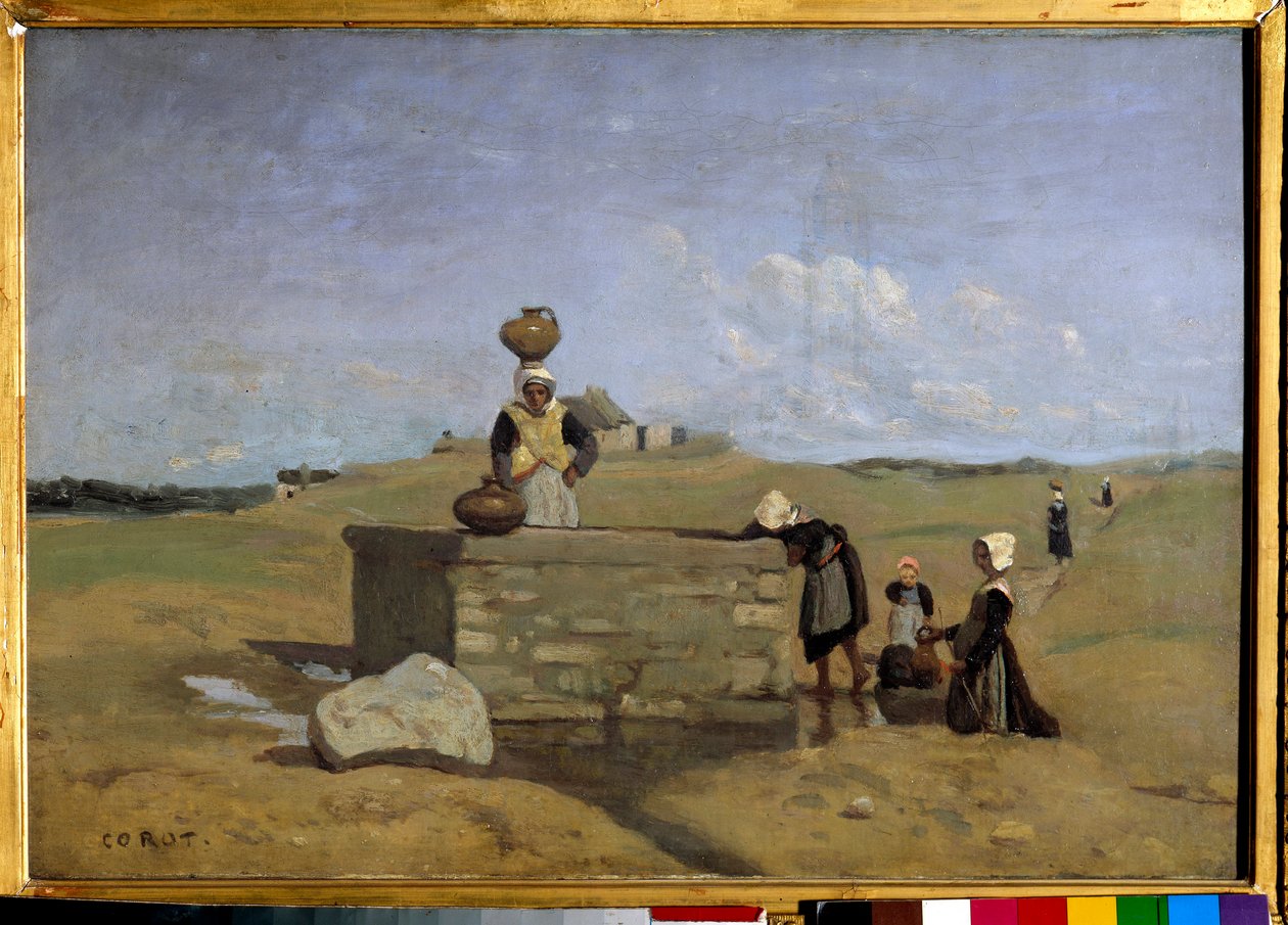 Bretoner vid fontänen, byn Batz Målning av Camille Corot (1796-1875) 1800-talets sön. 0,38x0,55 m av Jean Baptiste Camille Corot