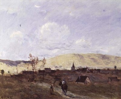 Cavalier i sikte på en by av Jean Baptiste Camille Corot