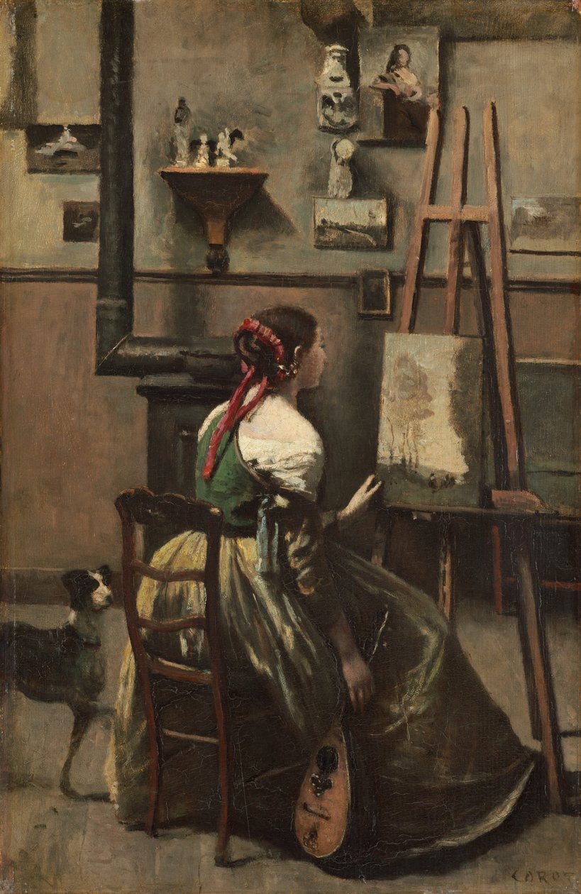 Corots studio: kvinna som sitter framför ett staffli, en mandolin i handen, ca. 1868. av Jean Baptiste Camille Corot