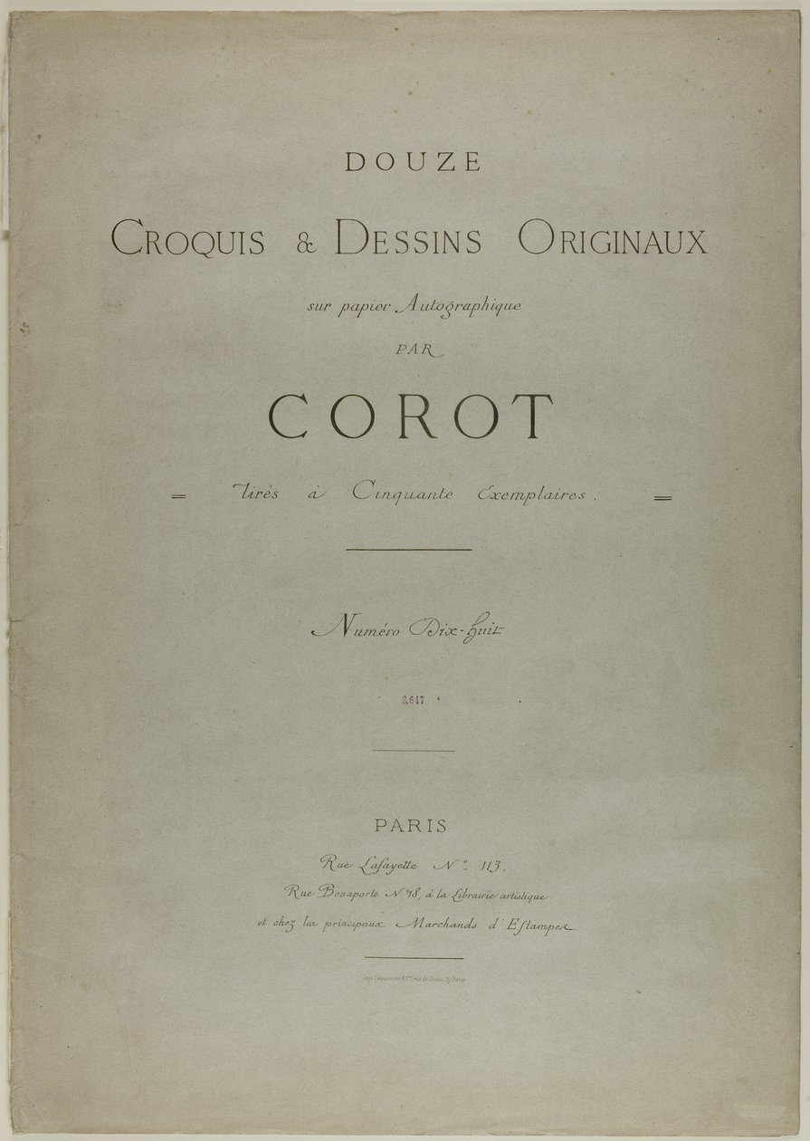 Omslag och text till Album Douze Croquis et Dessins Originaux av Jean Baptiste Camille Corot