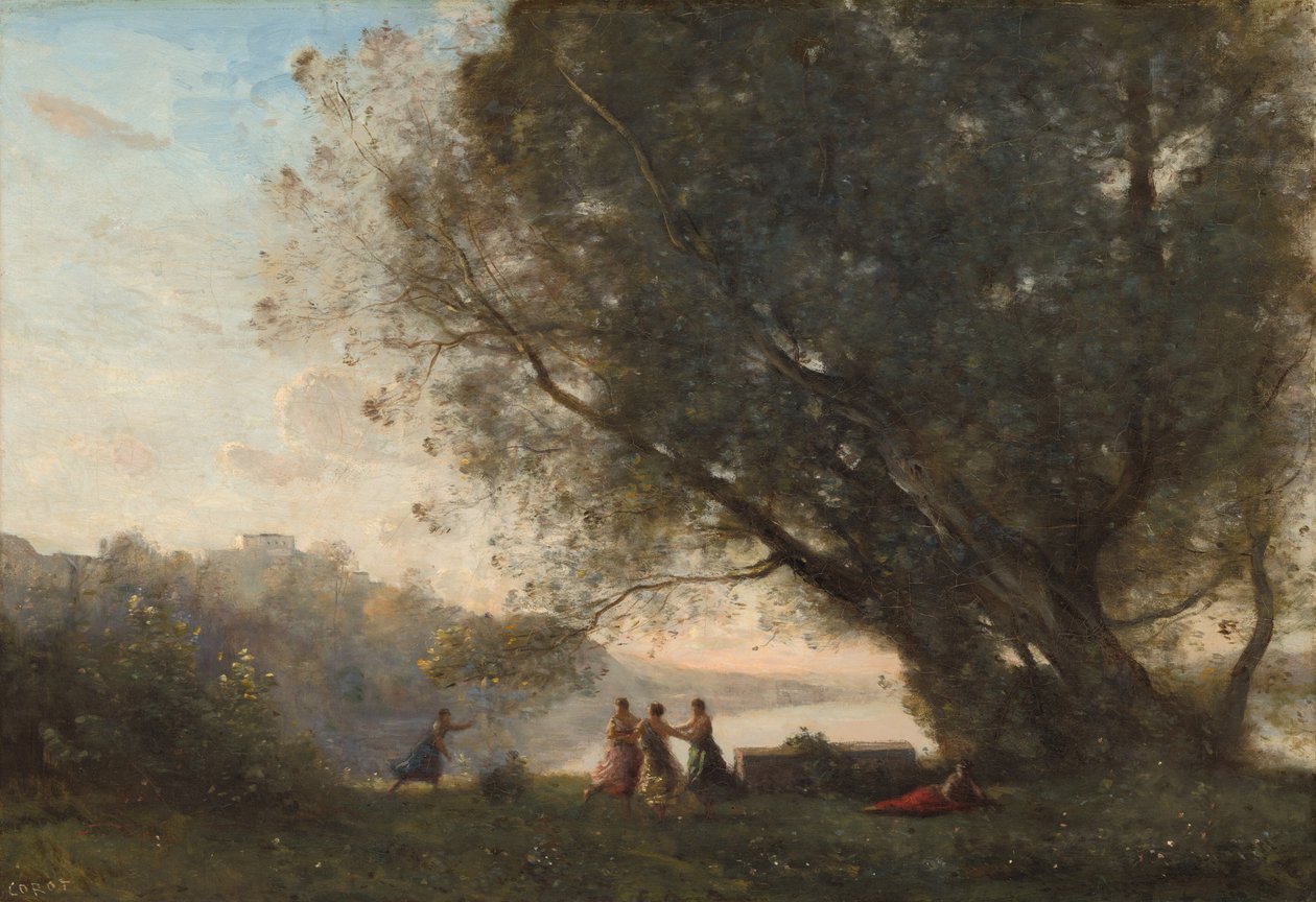 Dansa under träden vid sjökanten av Jean Baptiste Camille Corot