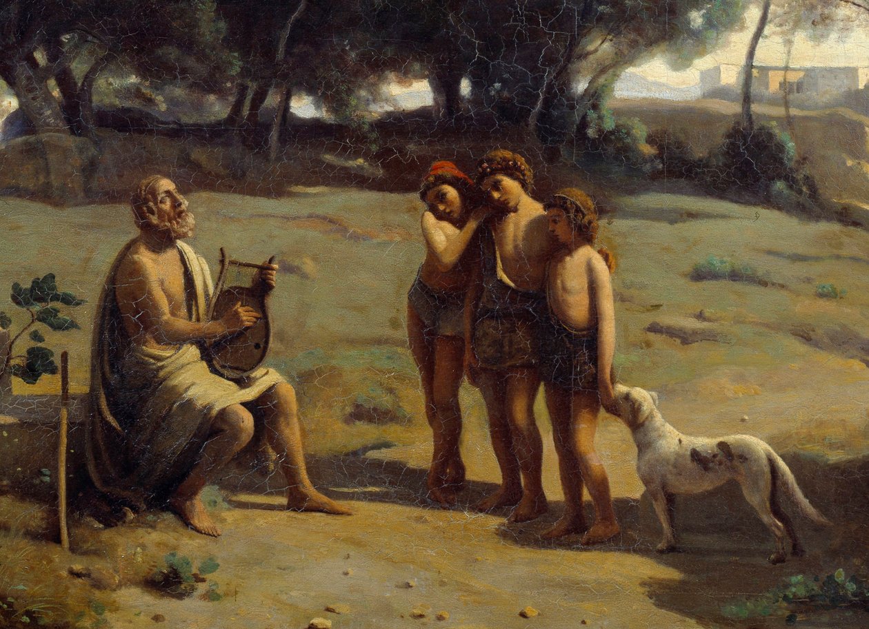 Detalj av målningen "" Homere and Shepherds""". Den grekiske poeten på ön Pathmos och de tre unga pojkarna. Målning av Camille Corot (1796-1875) 1845 Sön. 0,8x1,3 m Saint Lo, Musee des Beaux Arts av Jean Baptiste Camille Corot