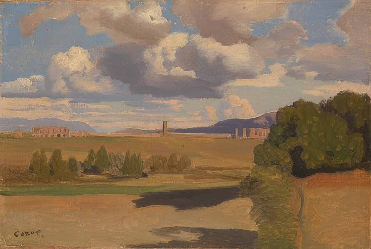 Den romerska Campagna med Aqua Claudia. Troligen 1826 av Jean Baptiste Camille Corot