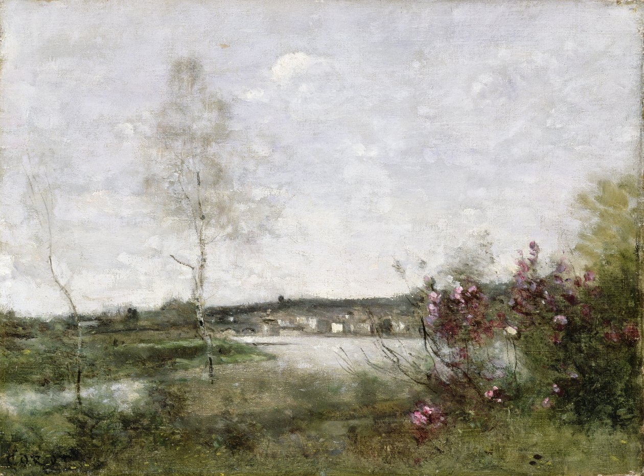 Fjärran vy över Corbeil, morgon, ca 1870 (olja på duk) av Jean Baptiste Camille Corot