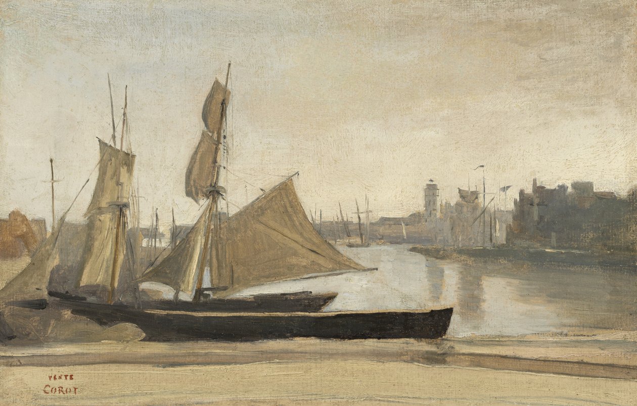 Dunkerque, fiskebåtar kopplade till kajen, c.1830 av Jean Baptiste Camille Corot