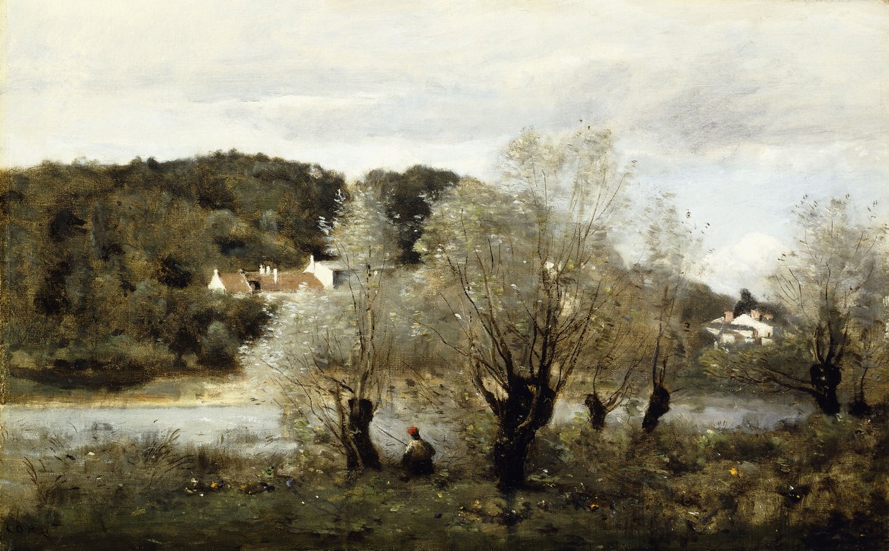 Fiskare på kanten av en damm i byn Avary; Pecheur au Bord de L"Etang a Ville d"Avray, ca 1850-55 av Jean Baptiste Camille Corot
