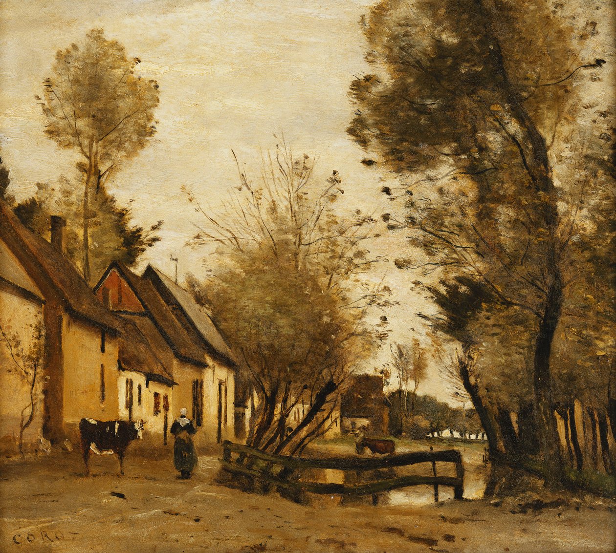Flesselles, Gata med bonde och ko; Flesselles, en gata med en bondkvinna och hennes ko, ca 1862-1865 av Jean Baptiste Camille Corot