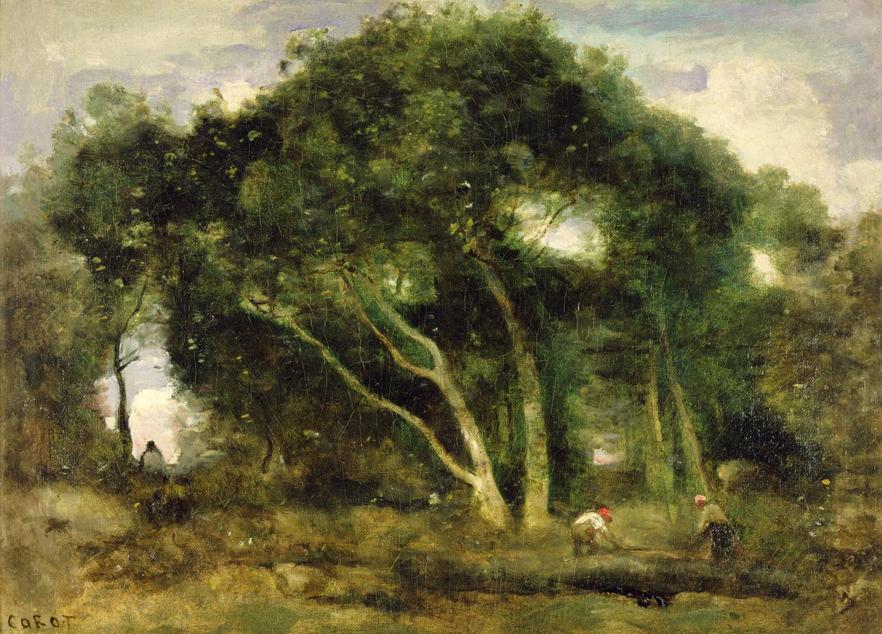 Fontainebleau: Leaning Oaks in a Forest Clearing, ca 1830-40 (olja på duk) av Jean Baptiste Camille Corot