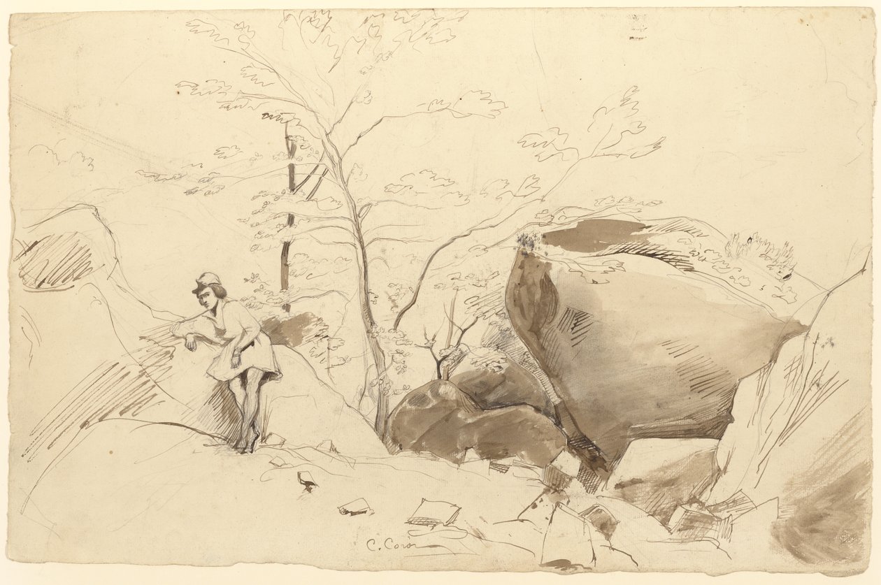 Fontainebleau, figur lutar sig mot en klippa av Jean Baptiste Camille Corot