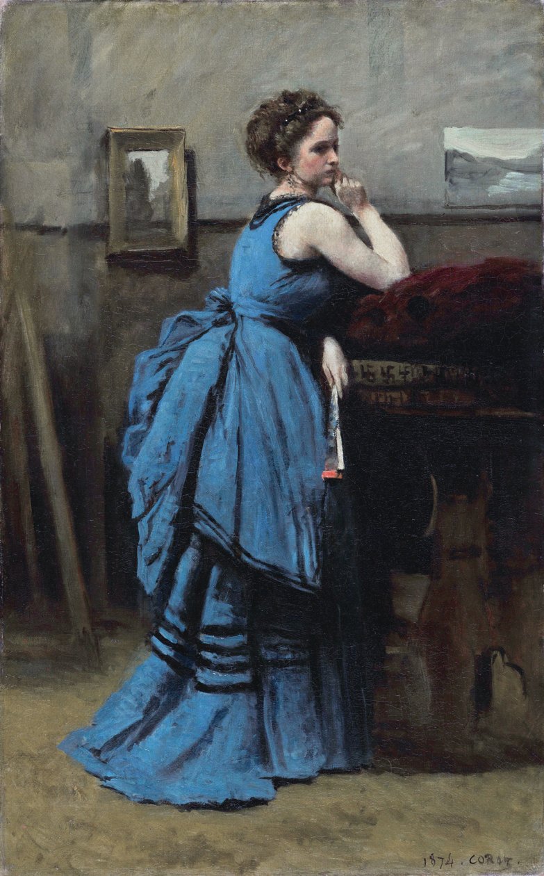 Franska:  La dame en bleu Damen i blått av Jean Baptiste Camille Corot