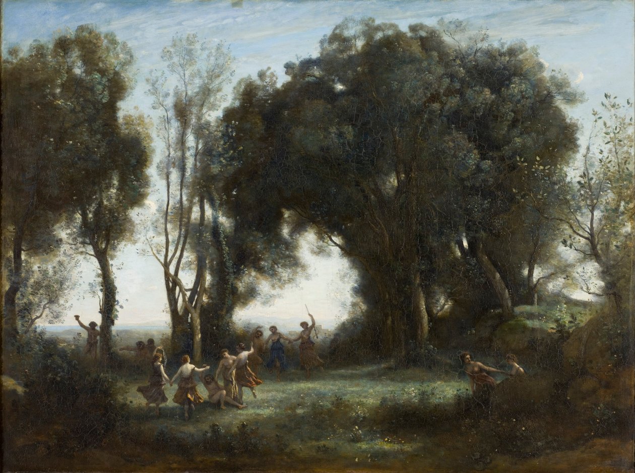 Franska:  Une matinée, la danse des nymphes En morgon. Nymferna dansar av Jean Baptiste Camille Corot