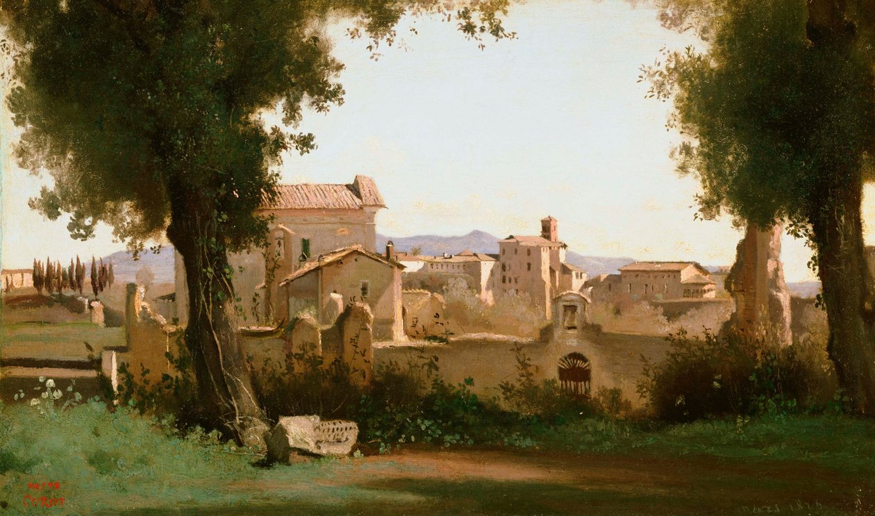 Franska:  Vue depuis les Jardins Farnèse Utsikt från Farnese-trädgårdarna, Rom av Jean Baptiste Camille Corot