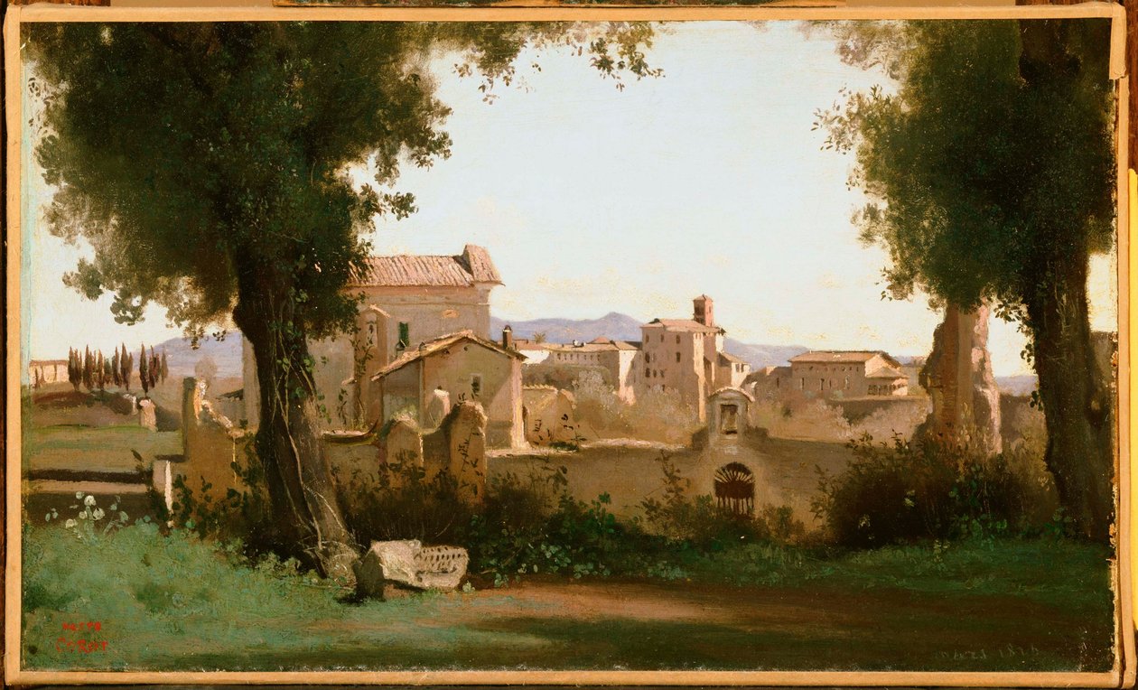 Franska:  Vue depuis les Jardins Farnèse Utsikt från Farnese-trädgårdarna, Rom av Jean Baptiste Camille Corot