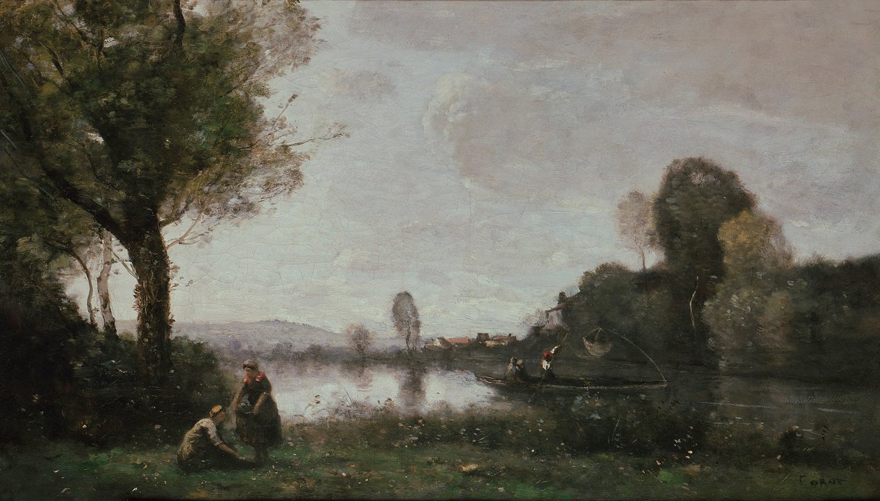 Tyska: Flußlandschaft (Die Seine bei Chatou) Seine Landskap nära Chatou av Jean Baptiste Camille Corot