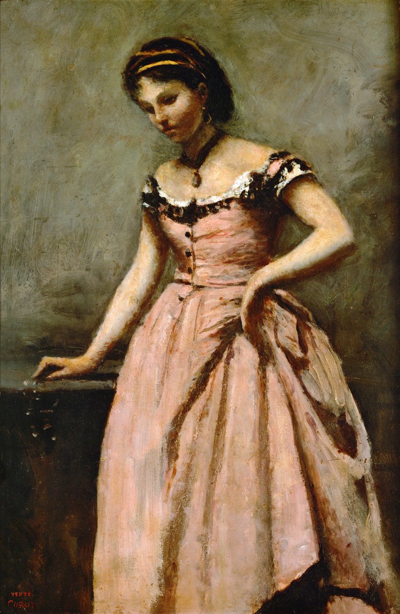 Flicka i rosa klänning med rosor och en pärla ... av Jean Baptiste Camille Corot