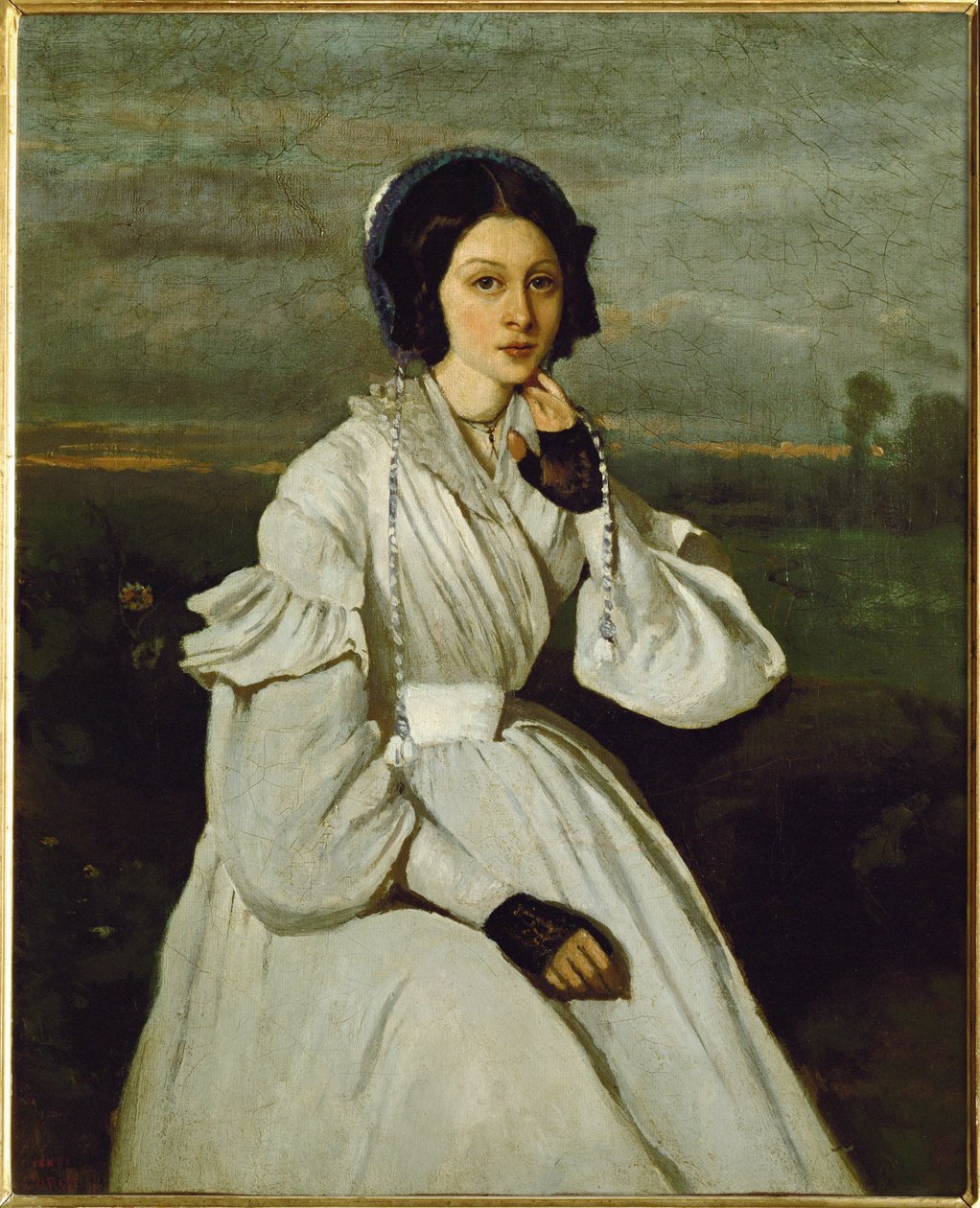 Flicka i vit klänning i ett landskap ... av Jean Baptiste Camille Corot