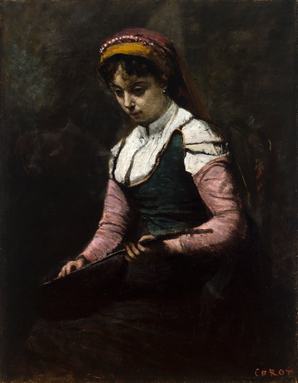 Flicka med mandolin av Jean Baptiste Camille Corot