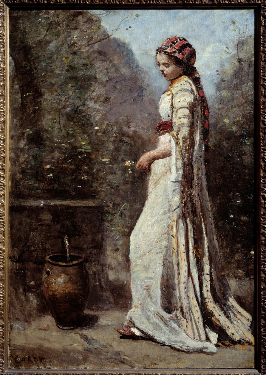 Grekisk flicka har fontänen. Målning av Camille Corot (1796-1875) av Jean Baptiste Camille Corot