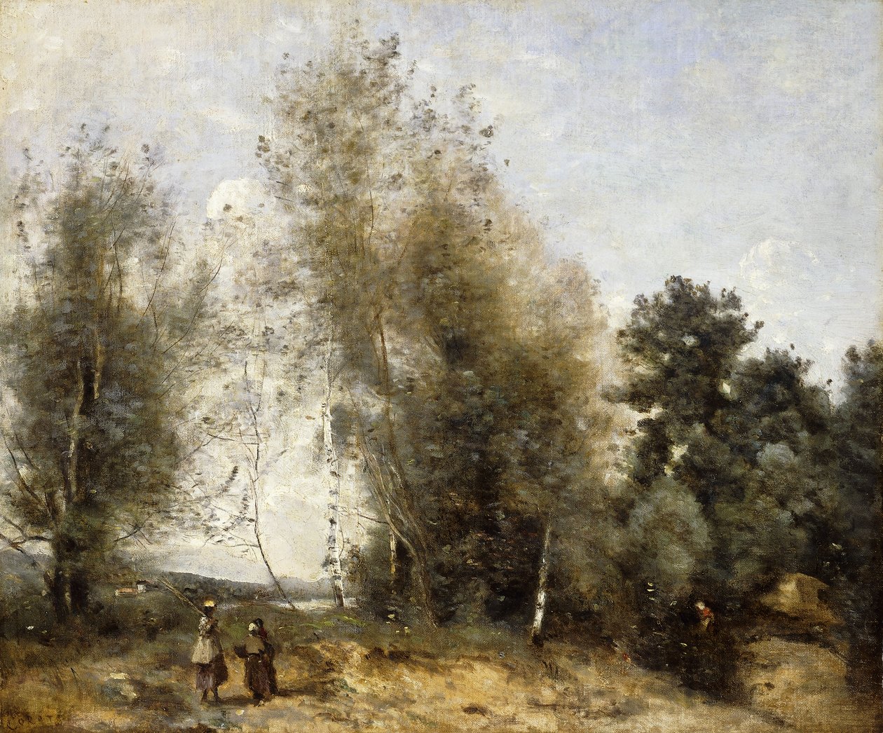 Grupp av träd vid kanten av en damm med tre bönder; Grupp av träd vid kanten av en damm, med tre bondflickor, ca 1865-1870 av Jean Baptiste Camille Corot