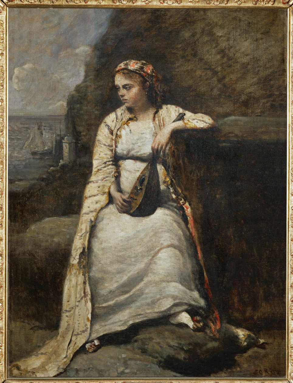 Haydee, jeune femme en costume grec - ung kvinna i grekisk dräkt, kanske hjältinnan i Byrons "Don Juan" ... av Jean Baptiste Camille Corot