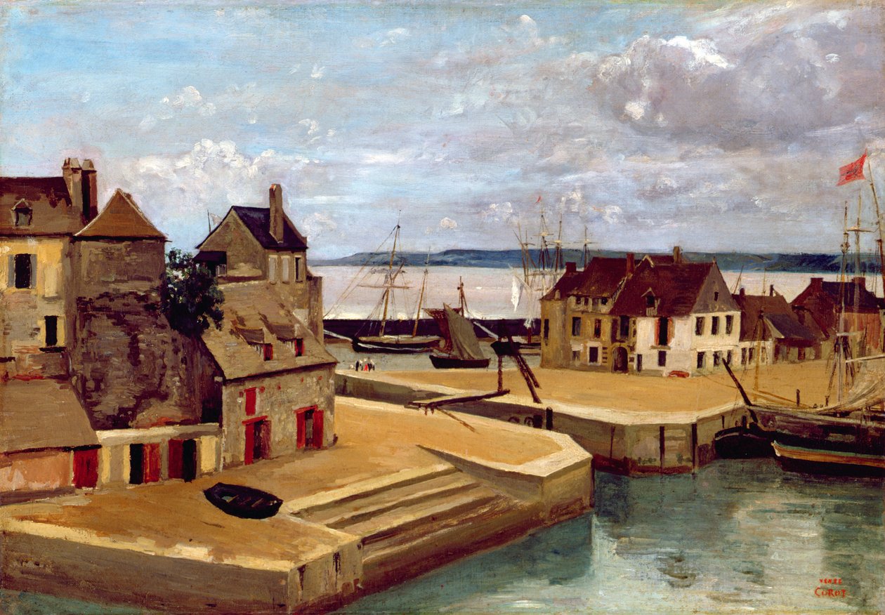 Honfleur, hus på kajen, 1830 av Jean Baptiste Camille Corot