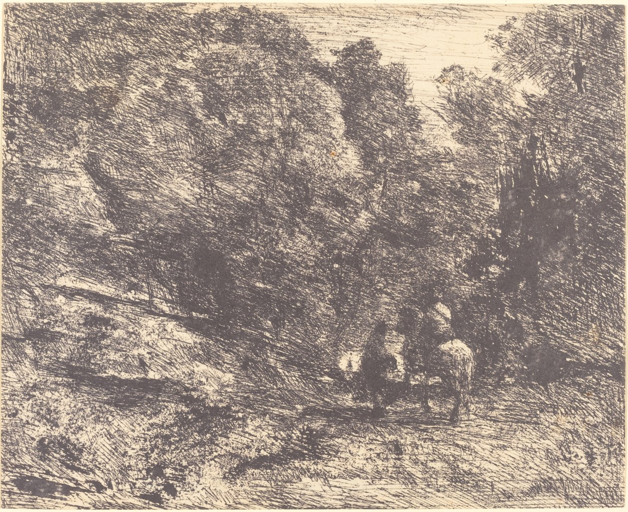 Ryttare och Vagabond i skogen Ryttaren i skogen och fotgängaren, 1854. av Jean Baptiste Camille Corot