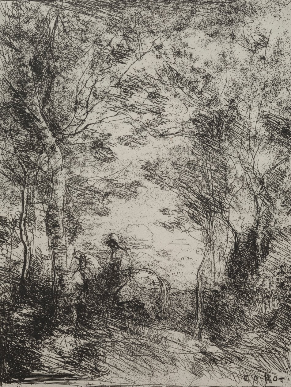 Horseman in the Woods, originalavtryck 1854, tryckt 1921. av Jean Baptiste Camille Corot
