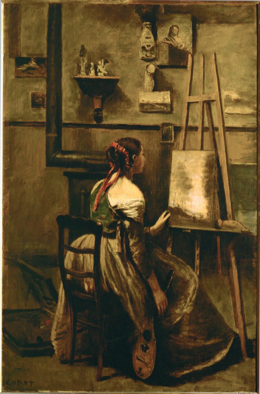 Corots ateljé - ung kvinna sittande framför ett staffli... av Jean Baptiste Camille Corot