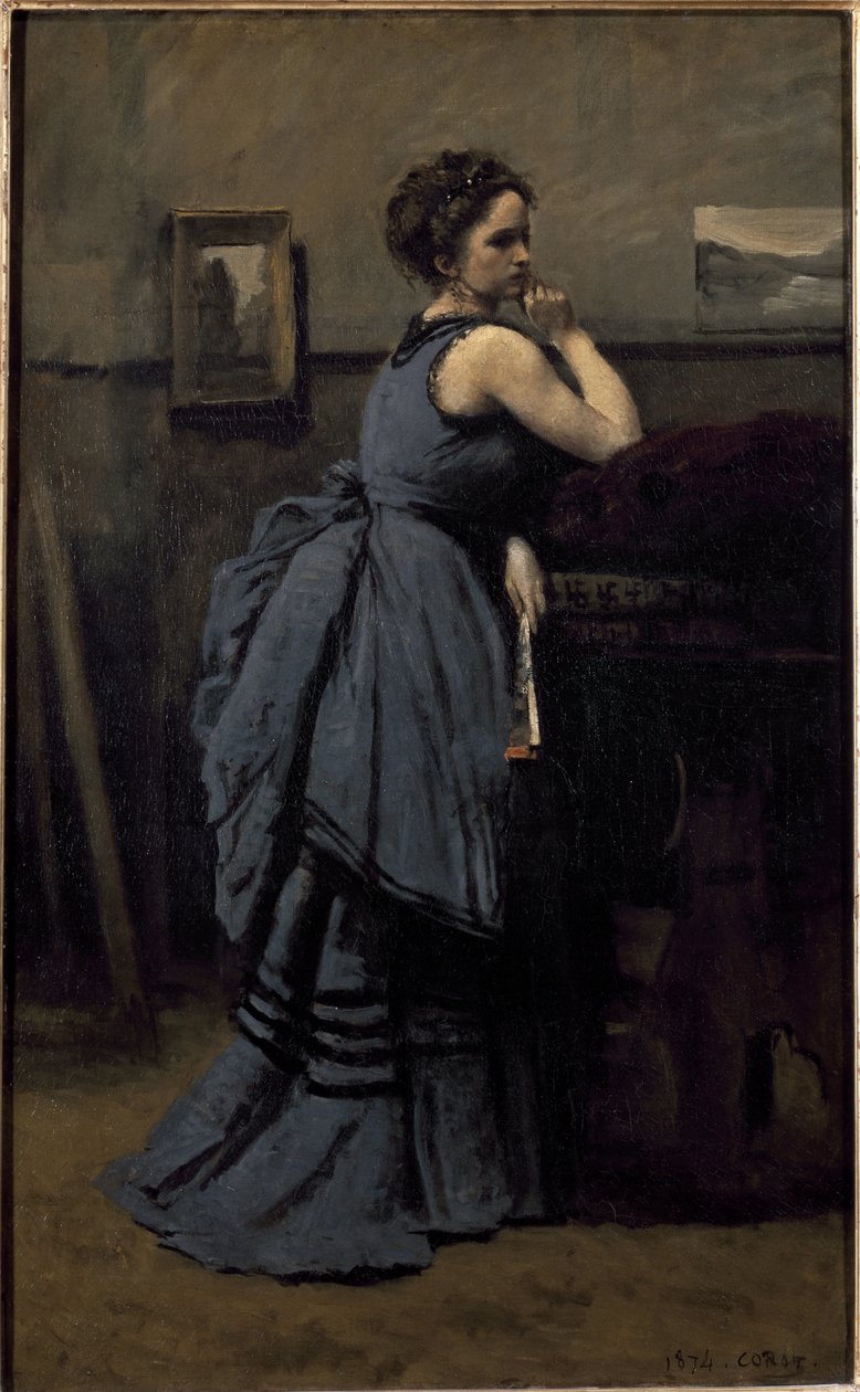 Dam i blått (olja på duk av Jean Baptiste Camille Corot
