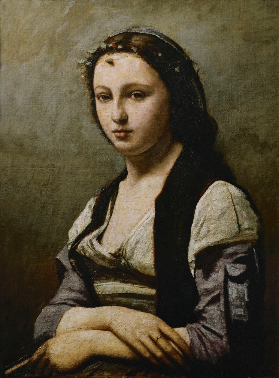 Damen med pärlan... av Jean Baptiste Camille Corot