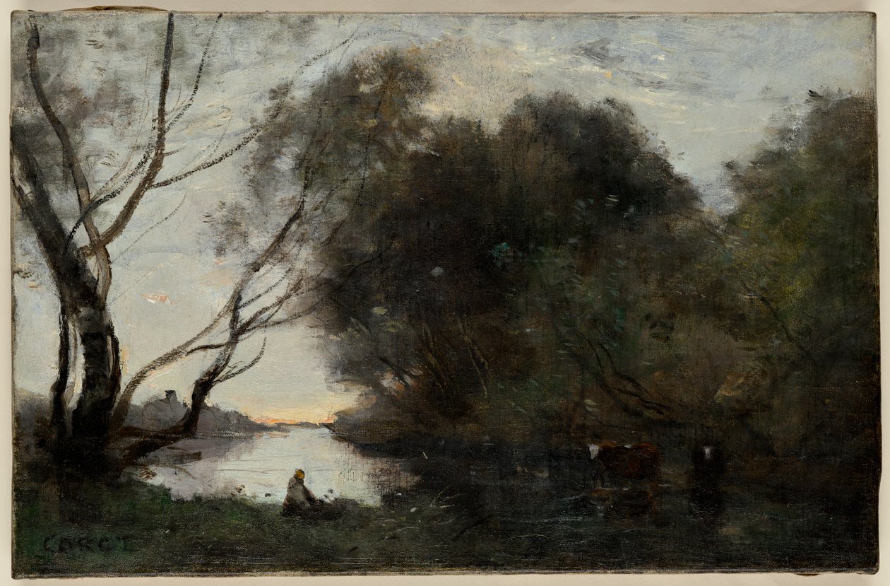 Sjö: Sun Setting, mitten av 1800-talet (olja på duk) av Jean Baptiste Camille Corot