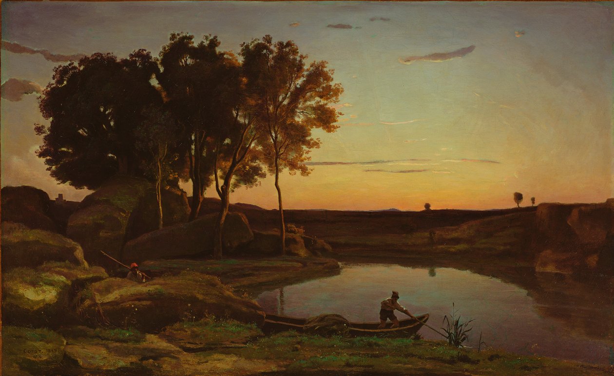 Landskap med sjö och båtsman, 1839 av Jean Baptiste Camille Corot