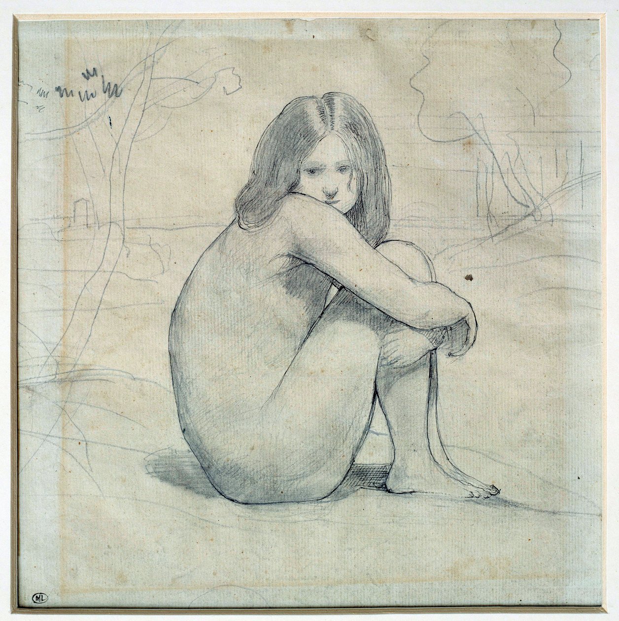 Liten flicka som sitter i ett landskap Blyertsteckning och svart bläck av Camille Corot (1796-1875) 1800-talssol. 0,22x0,26 m Paris, Louvren av Jean Baptiste Camille Corot