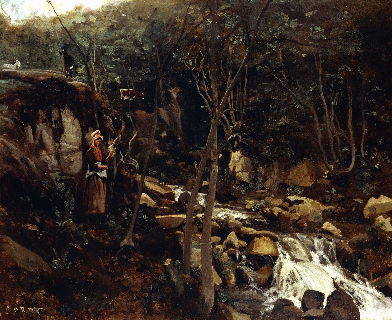 Lormes - En torrent med en stående bonde, spinning ull, 1842 av Jean Baptiste Camille Corot