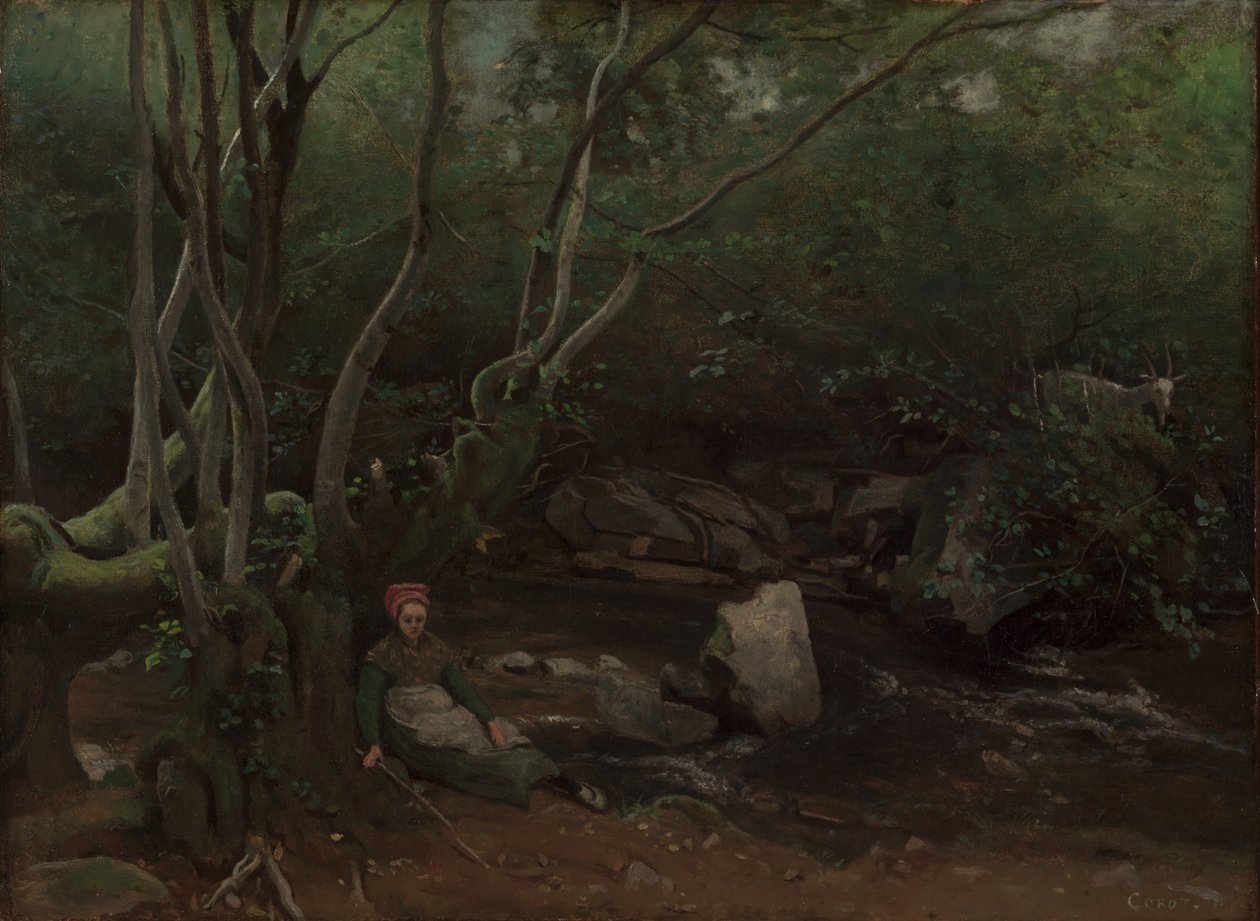 Lormes: Get-Girl som sitter bredvid en bäck i en skog av Jean Baptiste Camille Corot